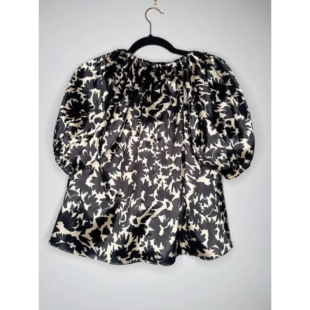 Ulla Johnson Neema Raven Satin Tie Neck Puff Sleeve Blouse Size 0